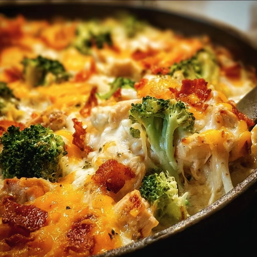 Creamy low carb chicken casserole dish garnished with herbs.