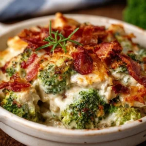 Creamy low carb chicken casserole with broccoli and bacon in a baking dish