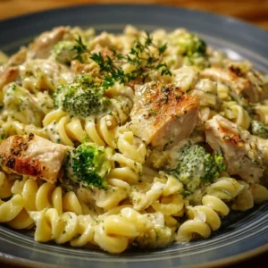 Creamy rotisserie chicken pasta with broccoli in a bowl