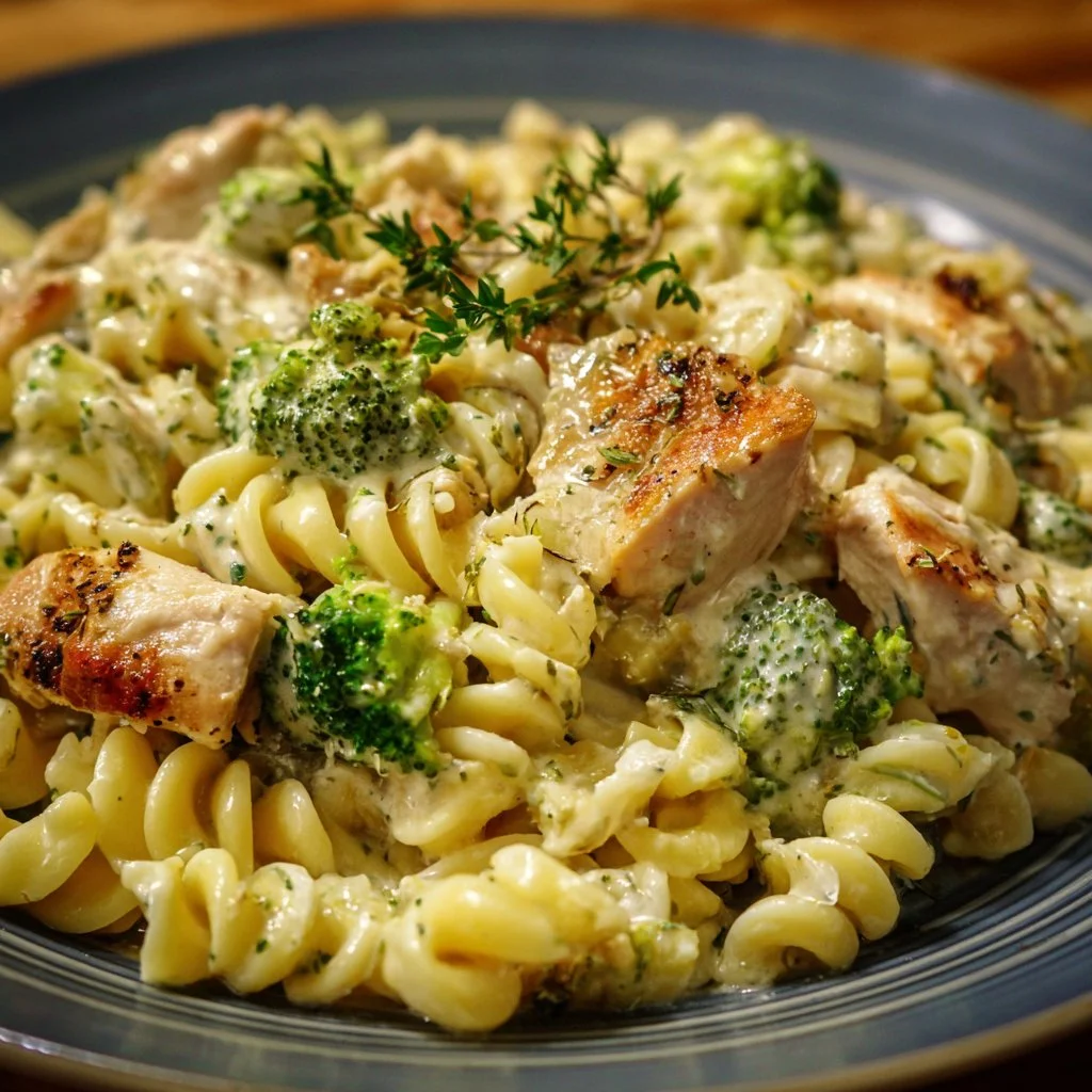 Creamy rotisserie chicken pasta with broccoli in a bowl
