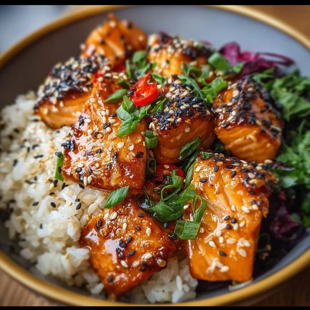 Crispy salmon rice bowl topped with veggies and sesame seeds