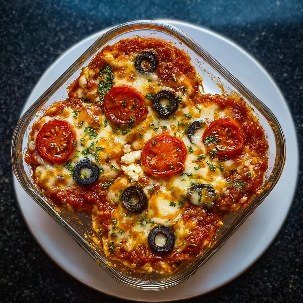 High protein cottage cheese pizza bowl with colorful toppings