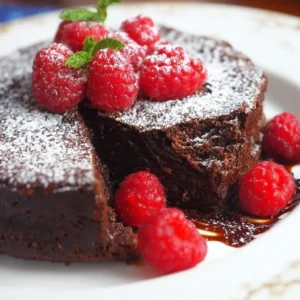 A slice of rich flourless chocolate cake topped with chocolate shavings and raspberries.