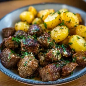 Plate of garlic butter beef bites served with roasted potatoes