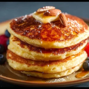 Gluten-free almond flour pancakes stacked on a plate with maple syrup