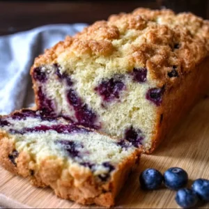 Freshly baked gluten free blueberry bread with blueberries on top