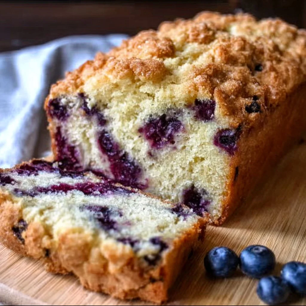 Freshly baked gluten free blueberry bread with blueberries on top