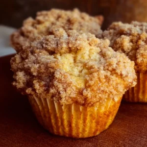 Gluten free cinnamon crumble muffins with a crispy topping on a wooden table