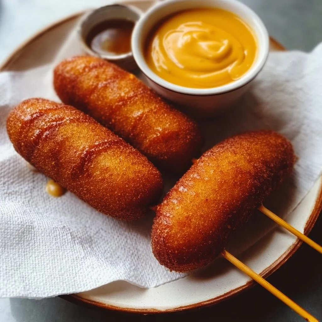 Gluten-free corn dogs on a plate, golden and crispy, ready to serve.
