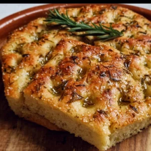 Freshly baked gluten-free focaccia bread with herbs and olive oil.