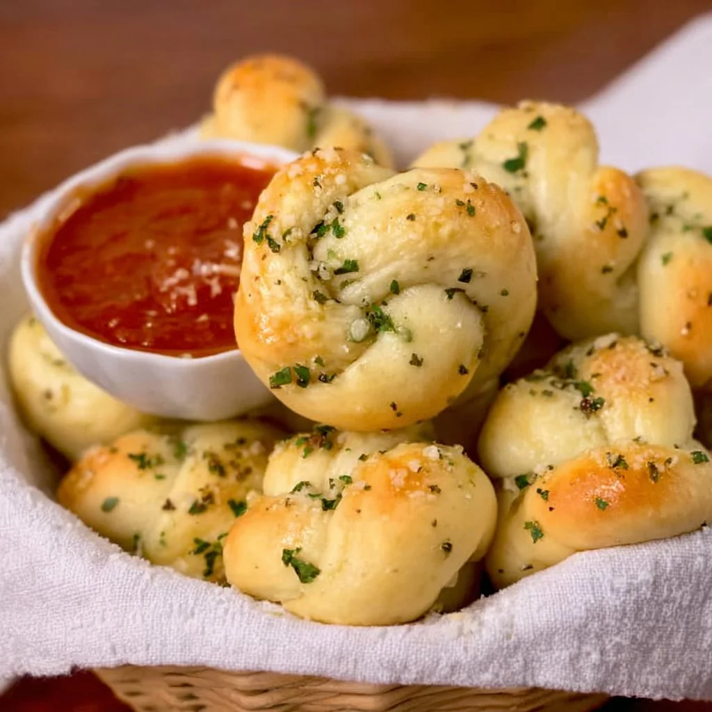 Delicious gluten free garlic knots, freshly baked and served warm on a plate.