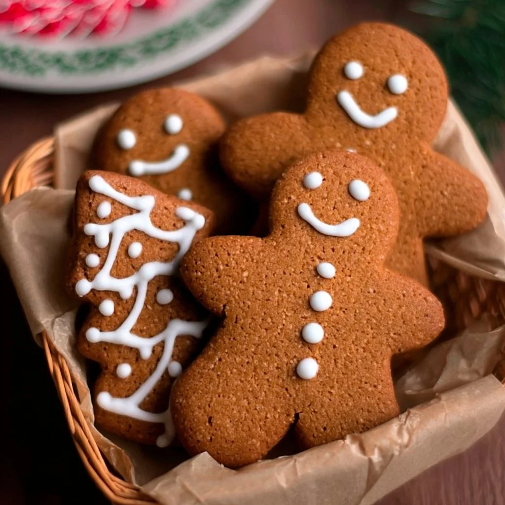 Gluten free gingerbread cookies displayed on a festive plate