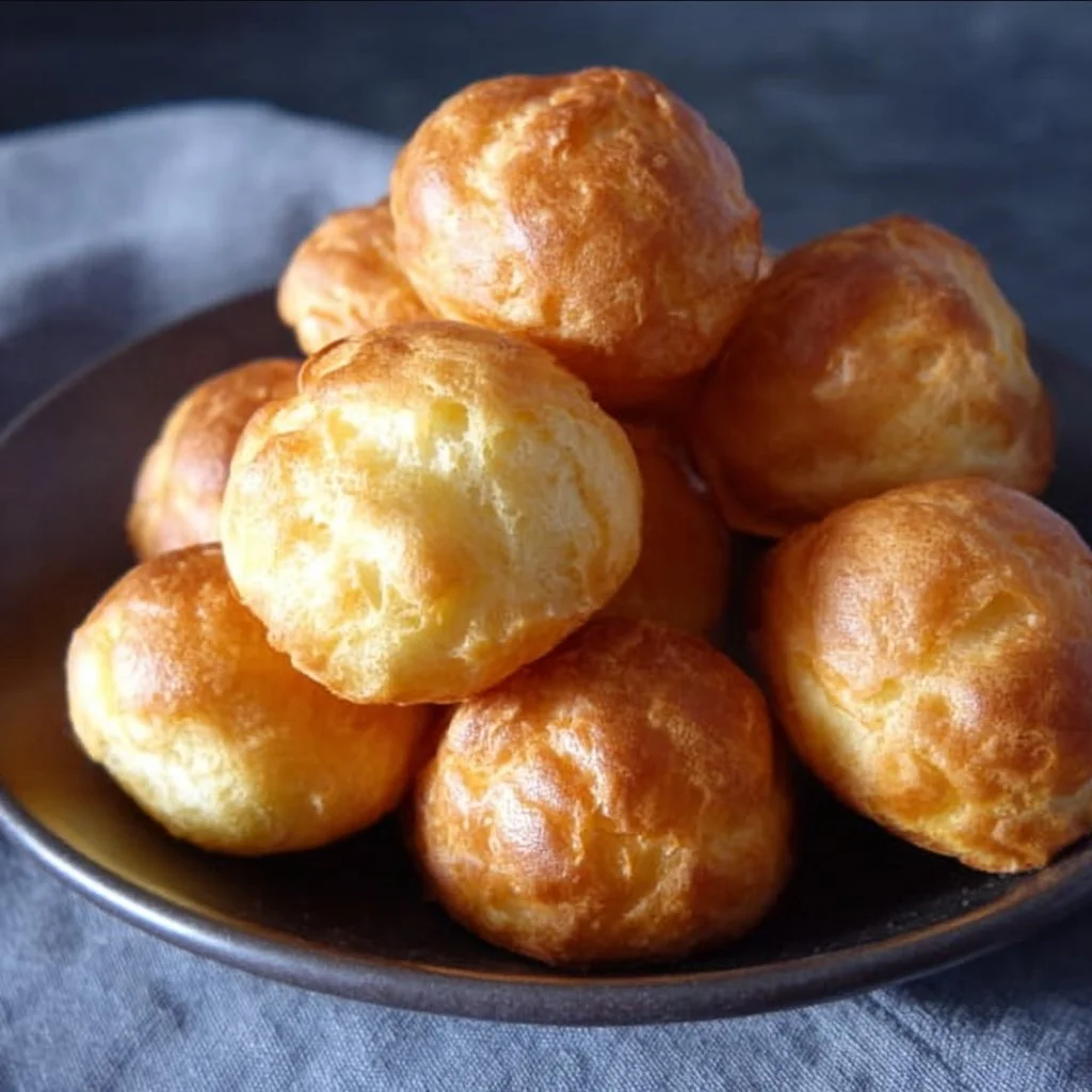 Delicious gluten free gougères on a serving plate, ready to eat.