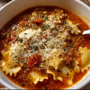 Gluten-free lasagna soup in a bowl garnished with parsley