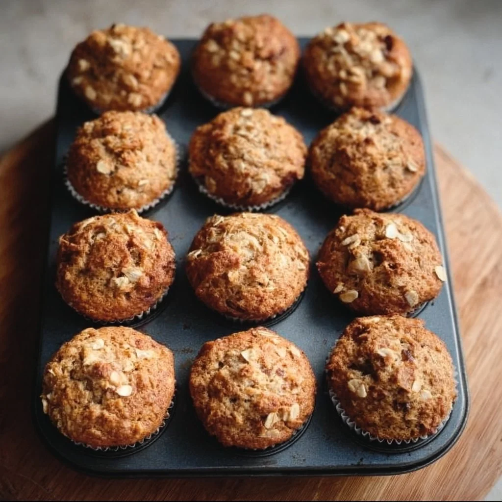 Gluten free morning glory muffins on a wooden table with ingredients.