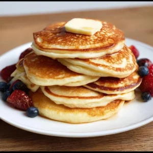 Stack of fluffy gluten free pancakes topped with syrup and berries
