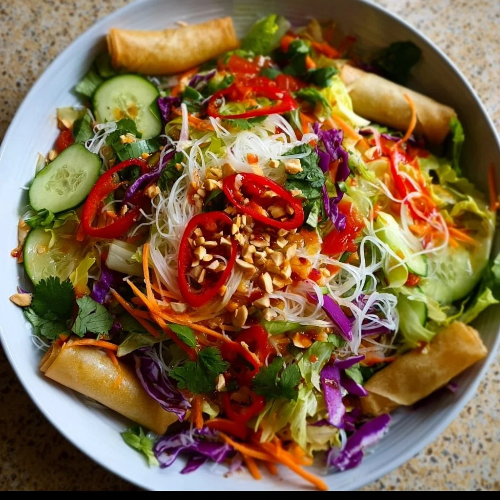 Gluten-free spring roll salad bowl with fresh vegetables and herbs