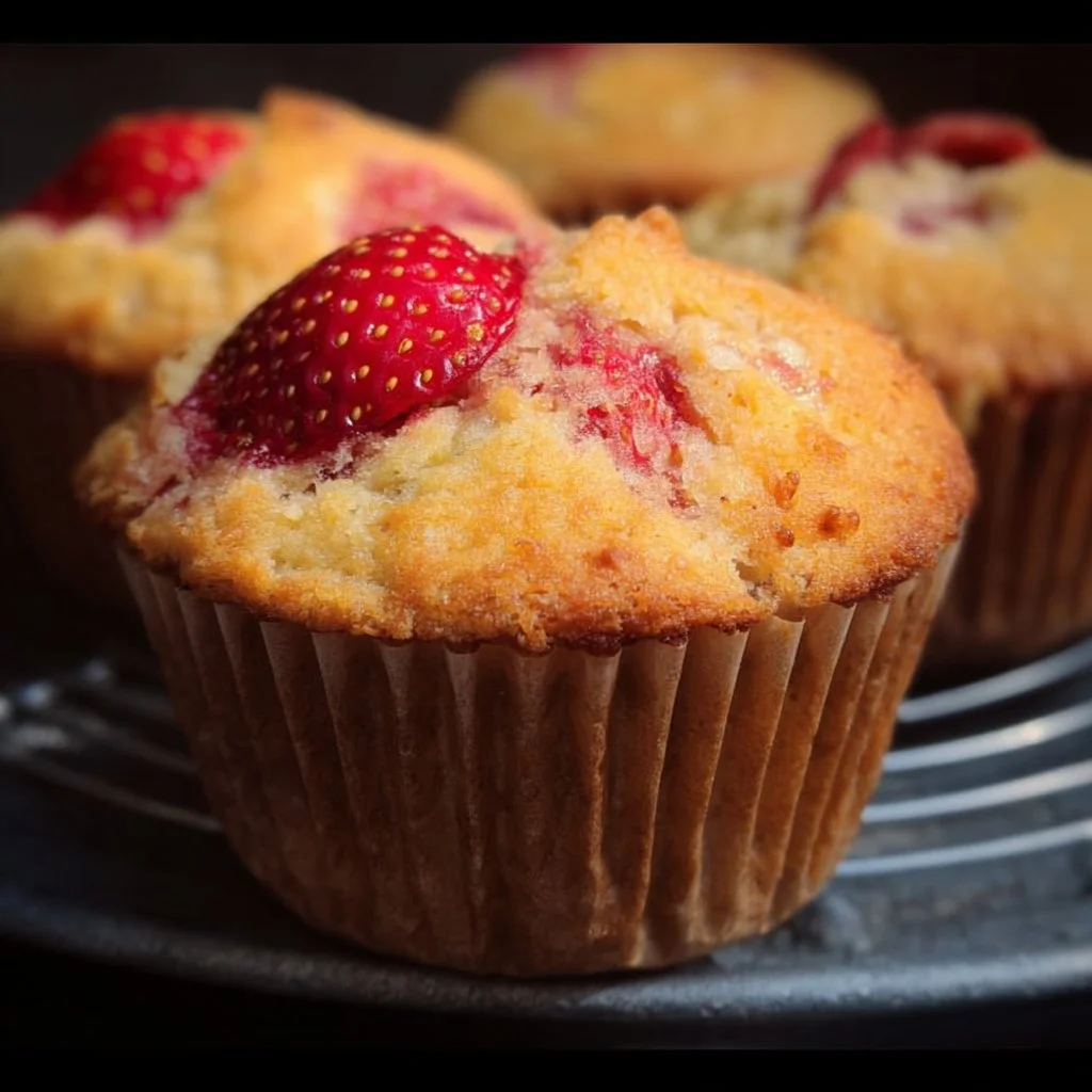 Gluten-free strawberry muffins with fresh strawberries on a wooden table