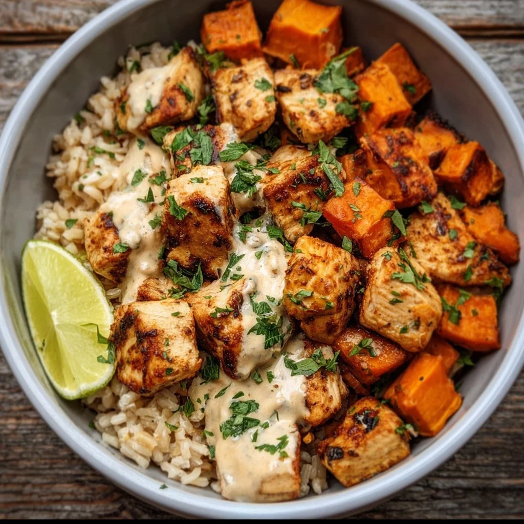 Healthy chicken and sweet potato rice bowl with fresh ingredients.
