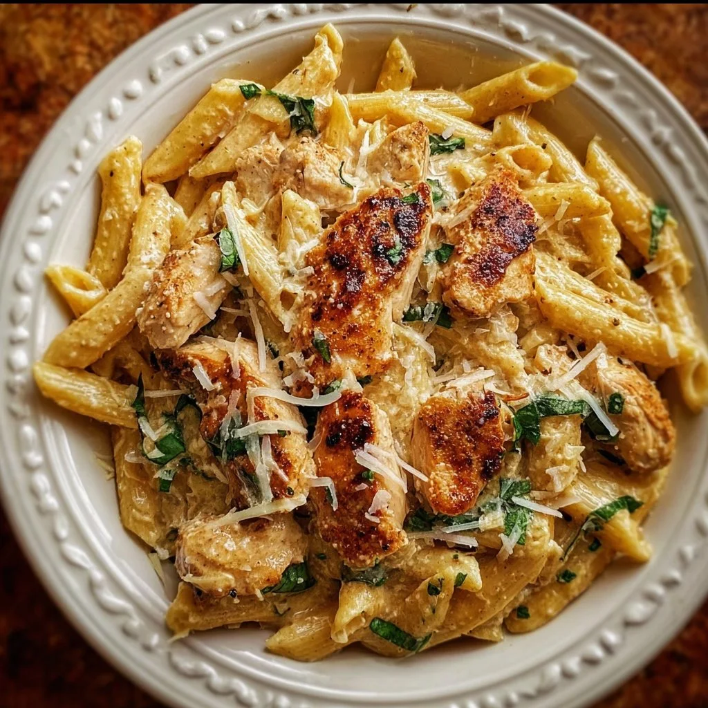 Healthy garlic parmesan chicken pasta dish served in a bowl with fresh ingredients.