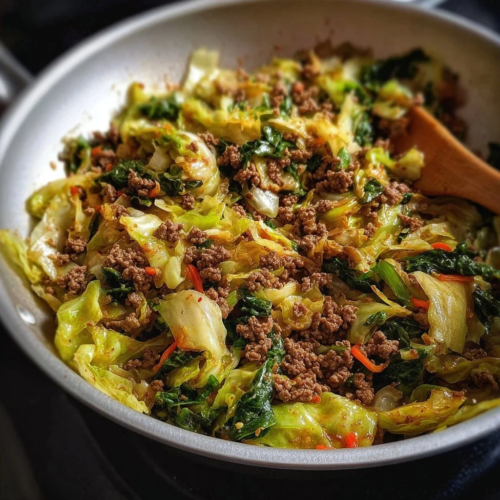 Healthy ground beef stir fry with cabbage served in a bowl