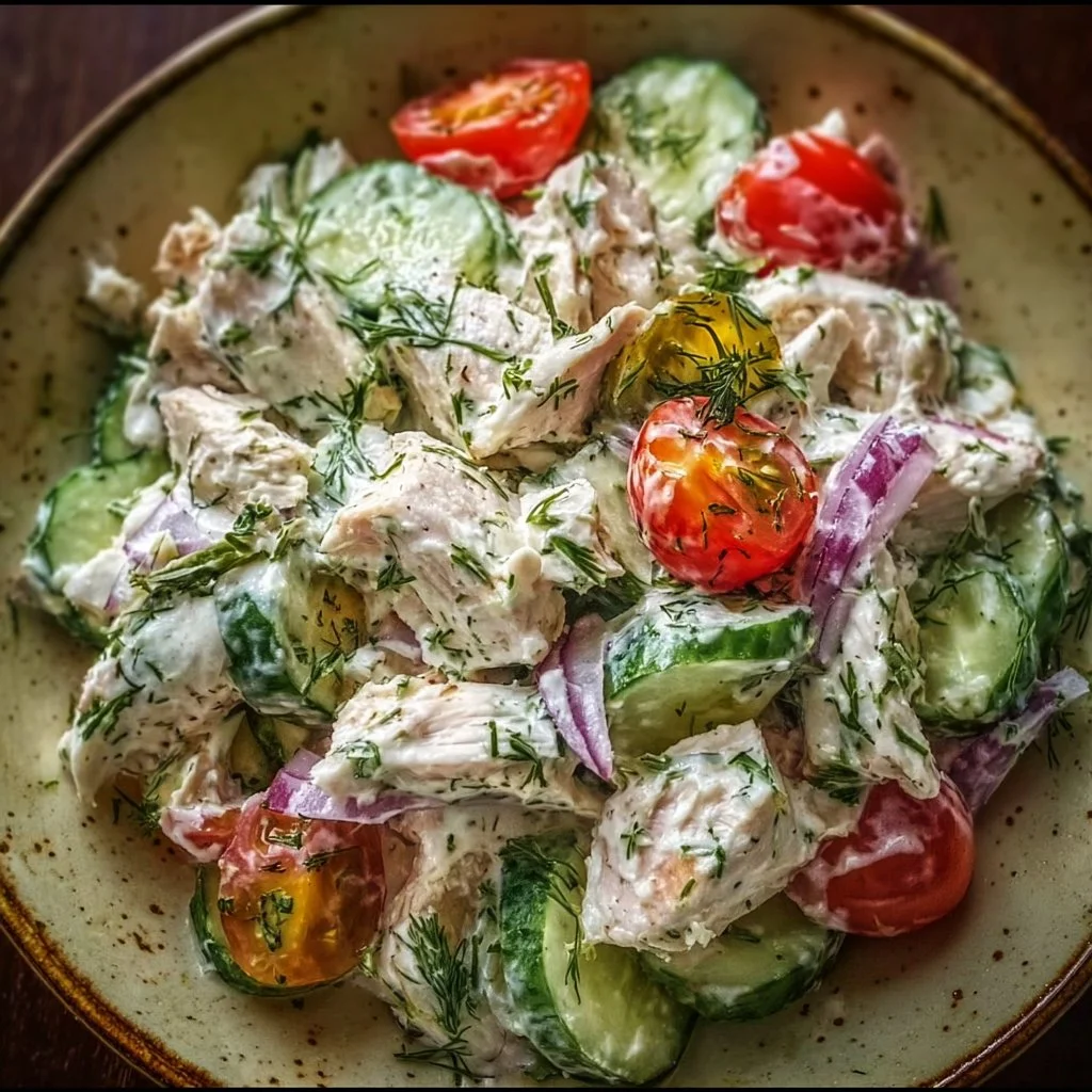 Healthy Mediterranean tzatziki chicken salad with fresh ingredients