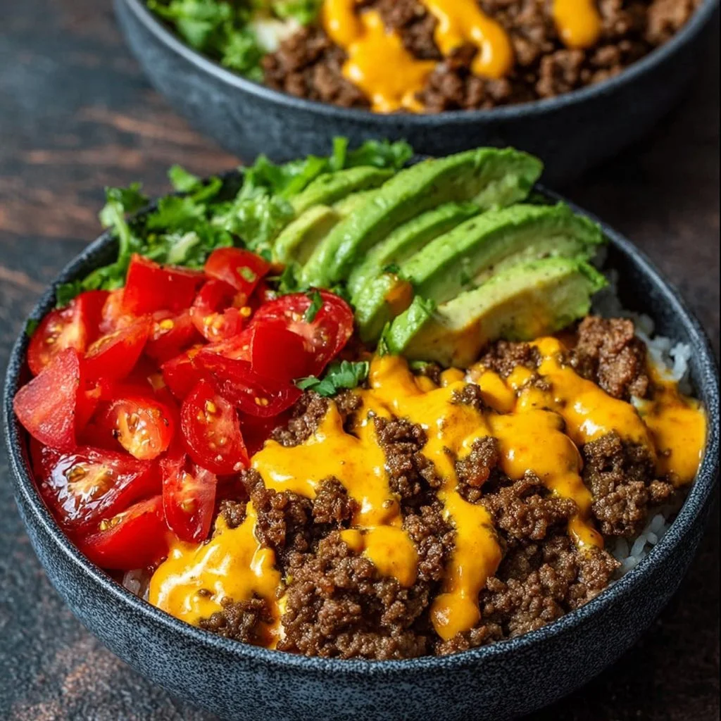 High-protein cheeseburger bowls topped with burger sauce and fresh ingredients