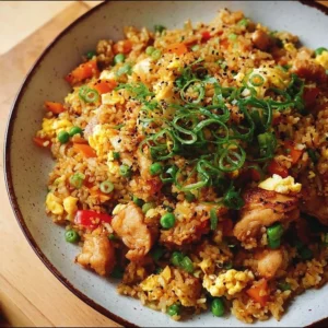 High protein chicken fried rice in a bowl garnished with vegetables