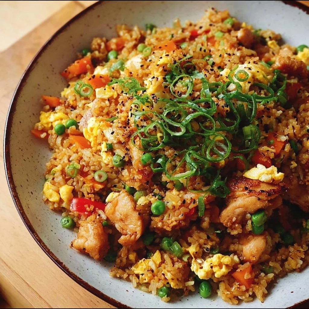 High protein chicken fried rice in a bowl garnished with vegetables