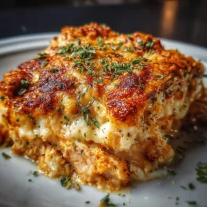 High Protein Chicken Parmesan Casserole served in a dish with cheese and herbs