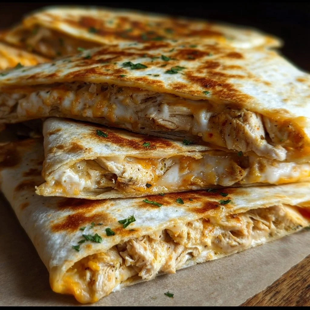 High-protein chicken ranch quesadilla loaded with cheese and veggies