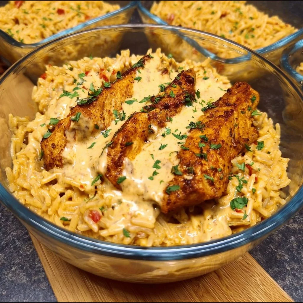 Creamy Cajun Chicken & Rice dish garnished with herbs, served on a plate.