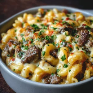 Creamy high-protein Philly cheesesteak mac and cheese dish with toppings.