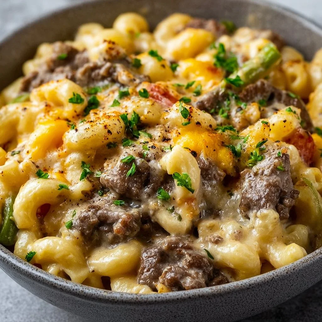 High-Protein Creamy Philly Cheesesteak Mac & Cheese Bliss