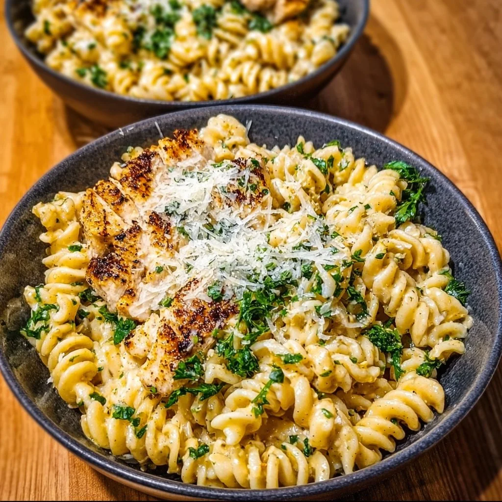 High Protein Garlic Parmesan Pasta Bowl with 384 calories and 36g protein