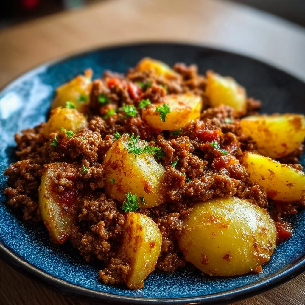 High protein ground beef dish served with potatoes