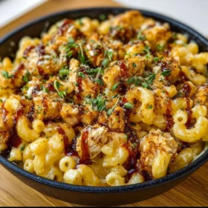 High-protein honey BBQ chicken mac & cheese served in a bowl.