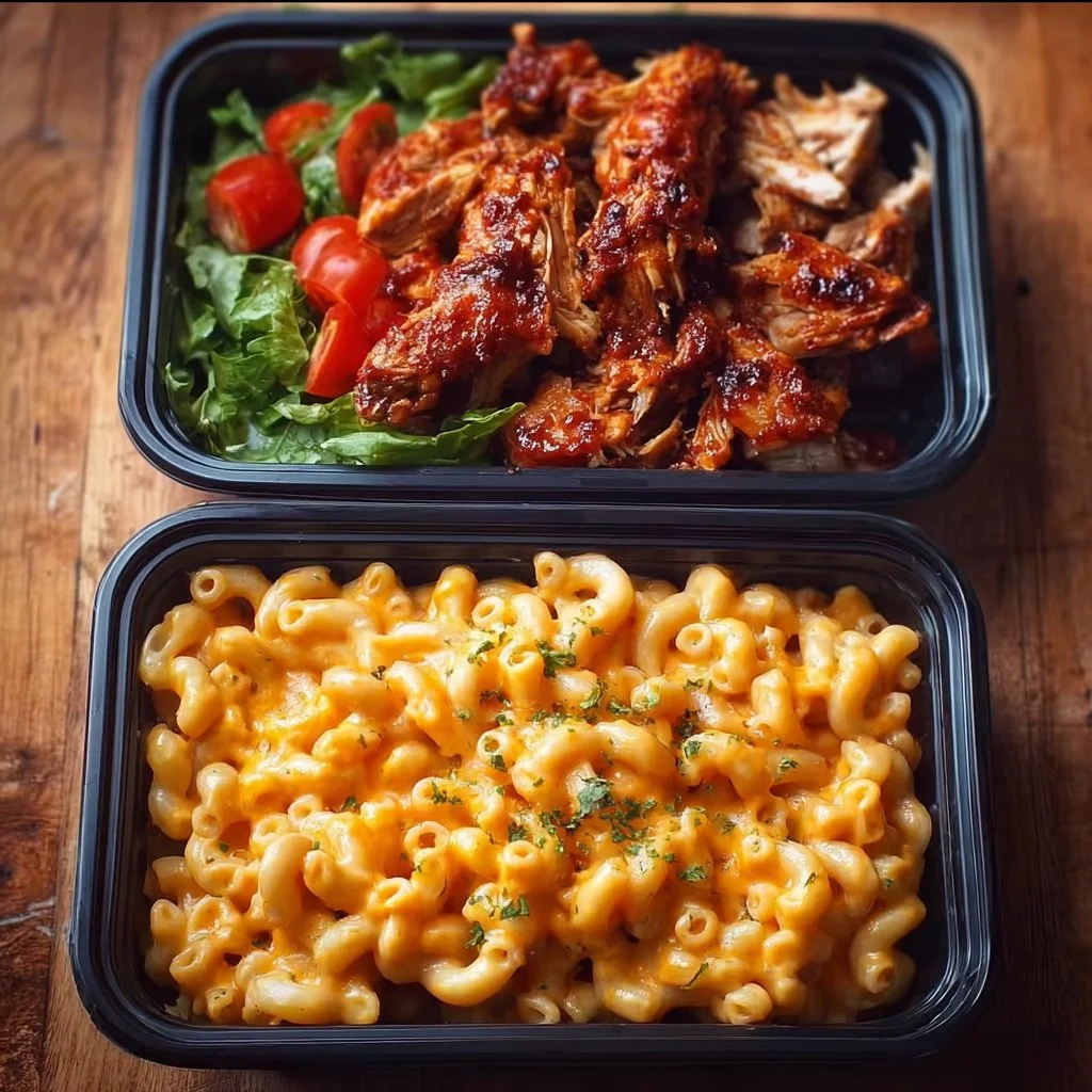 High Protein Honey BBQ Chicken Mac & Cheese in a meal prep container