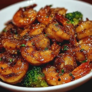 Plate of high-protein honey garlic shrimp garnished with green onions