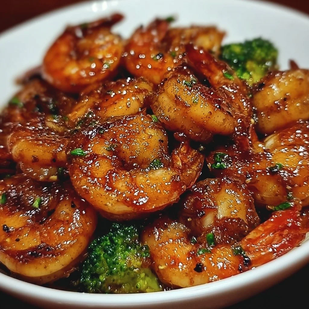 Plate of high-protein honey garlic shrimp garnished with green onions