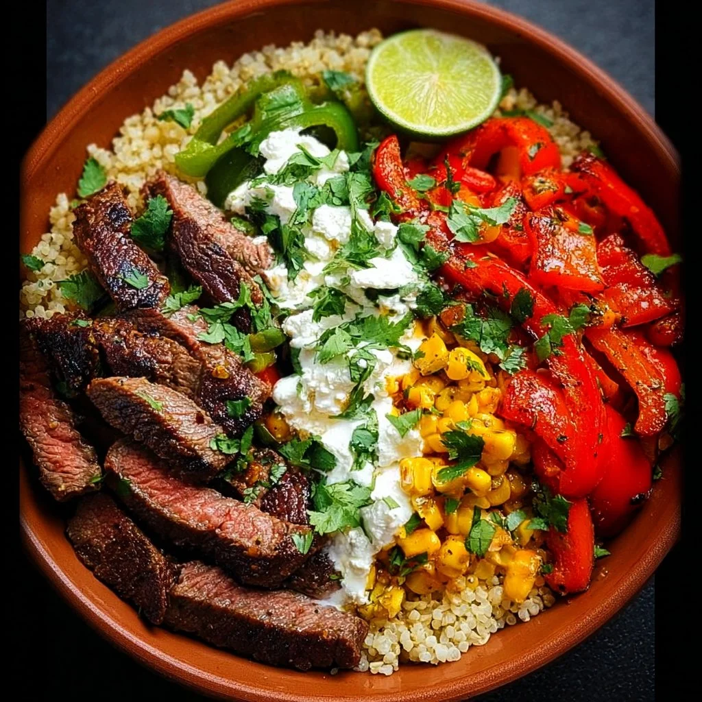 High protein steak fajita bowl with grilled peppers and onions.