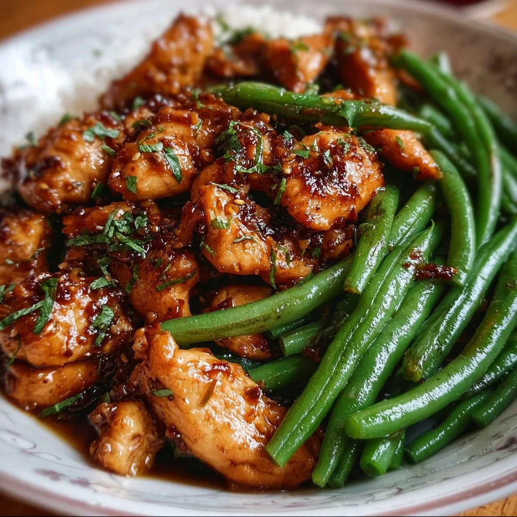 Plate of Honey Garlic Chicken served with green beans.