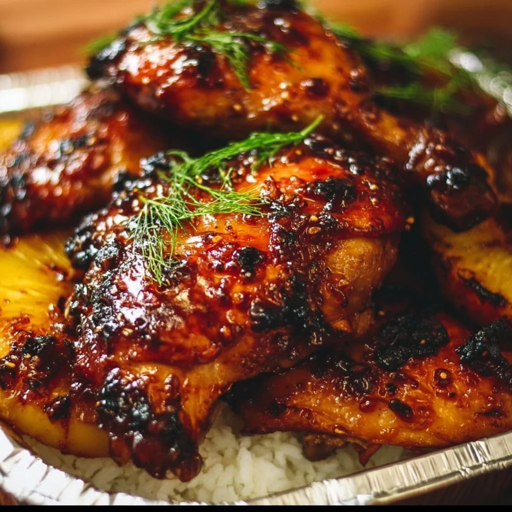 Juicy Huli Huli Chicken marinated in a savory sauce, grilled to perfection.