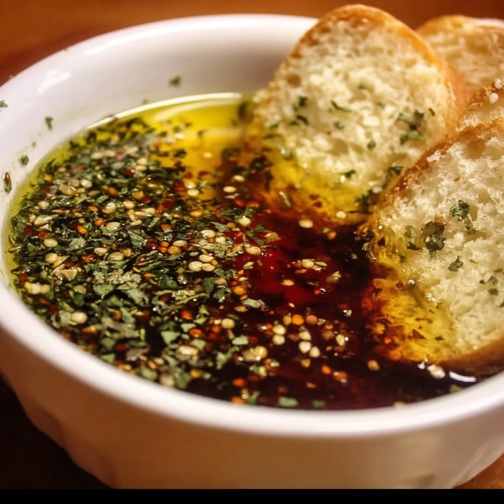 Homemade Italian bread dipping sauce served with fresh bread