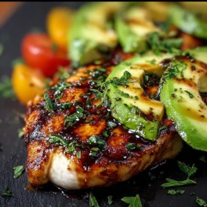 Juicy Grilled California Avocado Chicken served with fresh vegetables