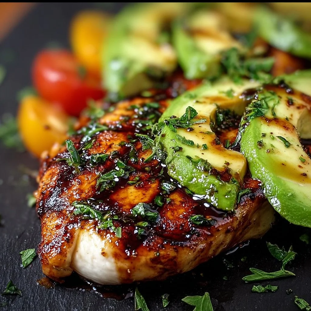 Juicy Grilled California Avocado Chicken served with fresh vegetables