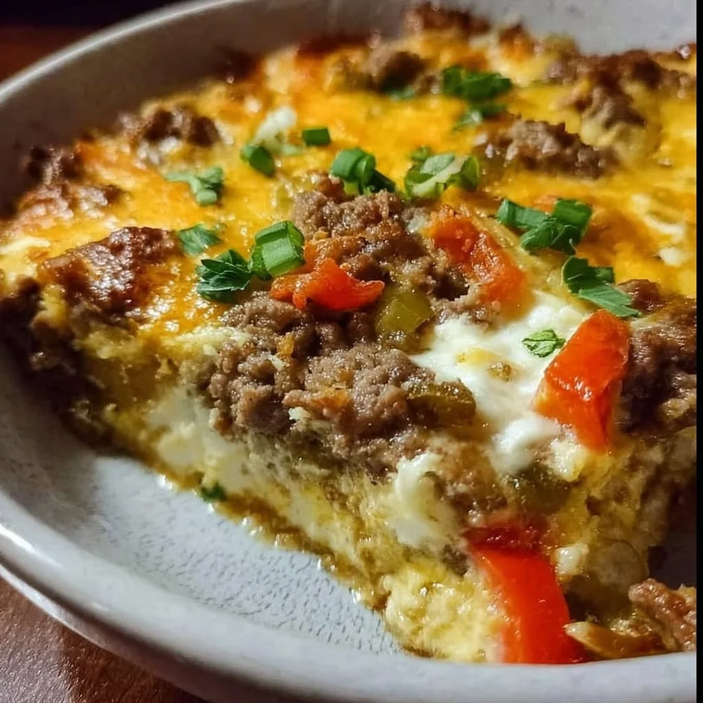 Low Carb Philly Cheesesteak Casserole topped with cheese and peppers
