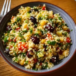 Bowl of Mediterranean Couscous Salad with fresh vegetables and herbs