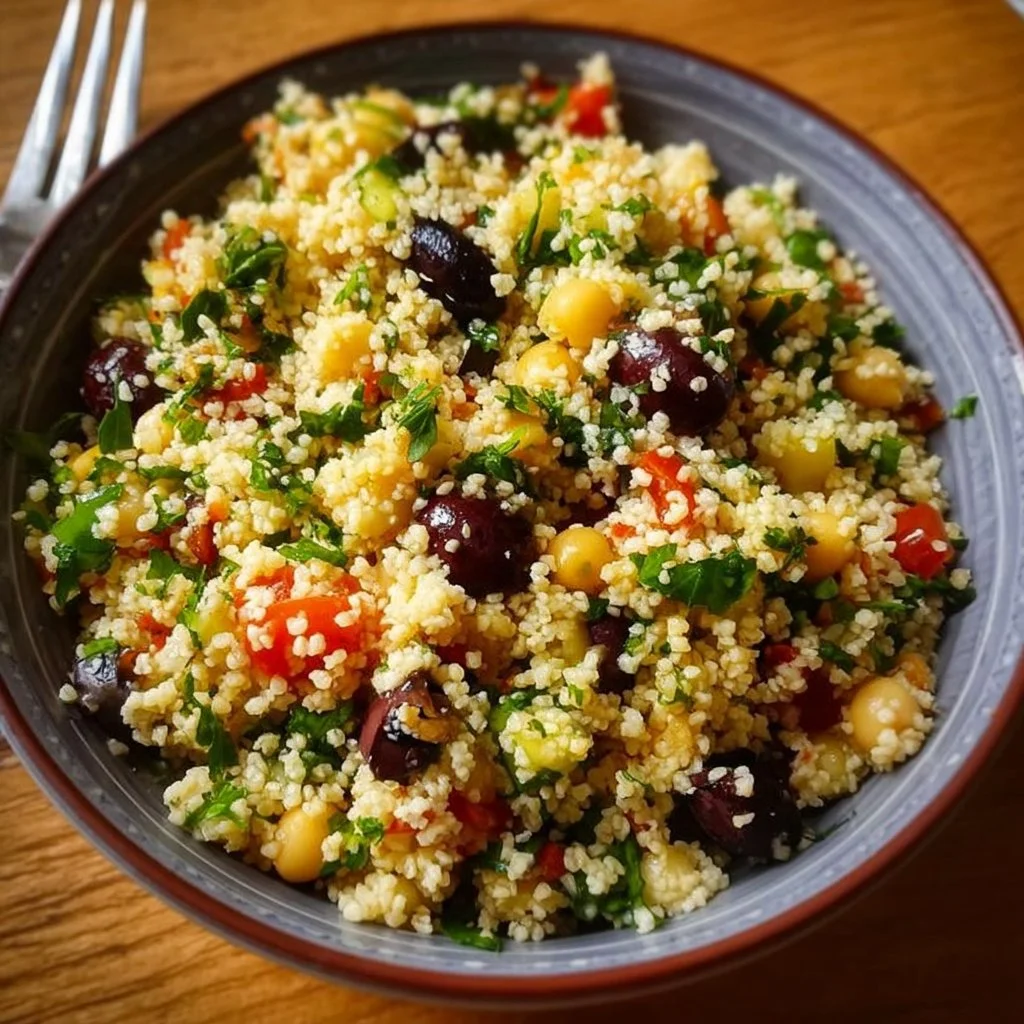 Bowl of Mediterranean Couscous Salad with fresh vegetables and herbs