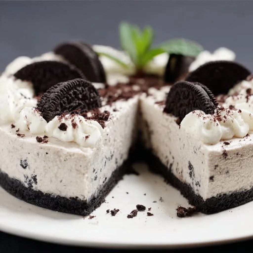 Delicious no bake Oreo cheesecake with creamy filling and Oreo crust